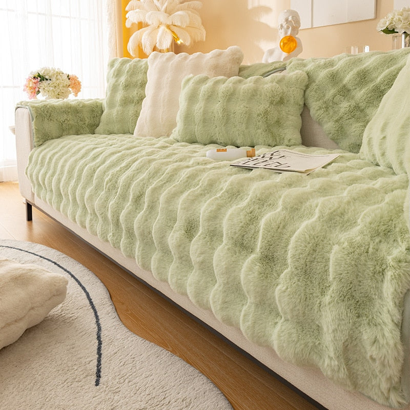 Plush Fur Sofa Cover - Green, Grey, Blue , Orange